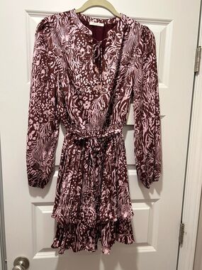 Skies Are Blue Mauve and Pink Printed Tie-Waist Long Sleeve Dress